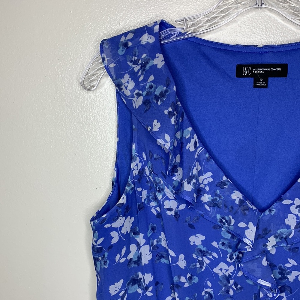 INC Midi Dress Blue Floral Faux Wrap Ruffle Detail V-Neck Sleeveless Romantic - Picture 6 of 10